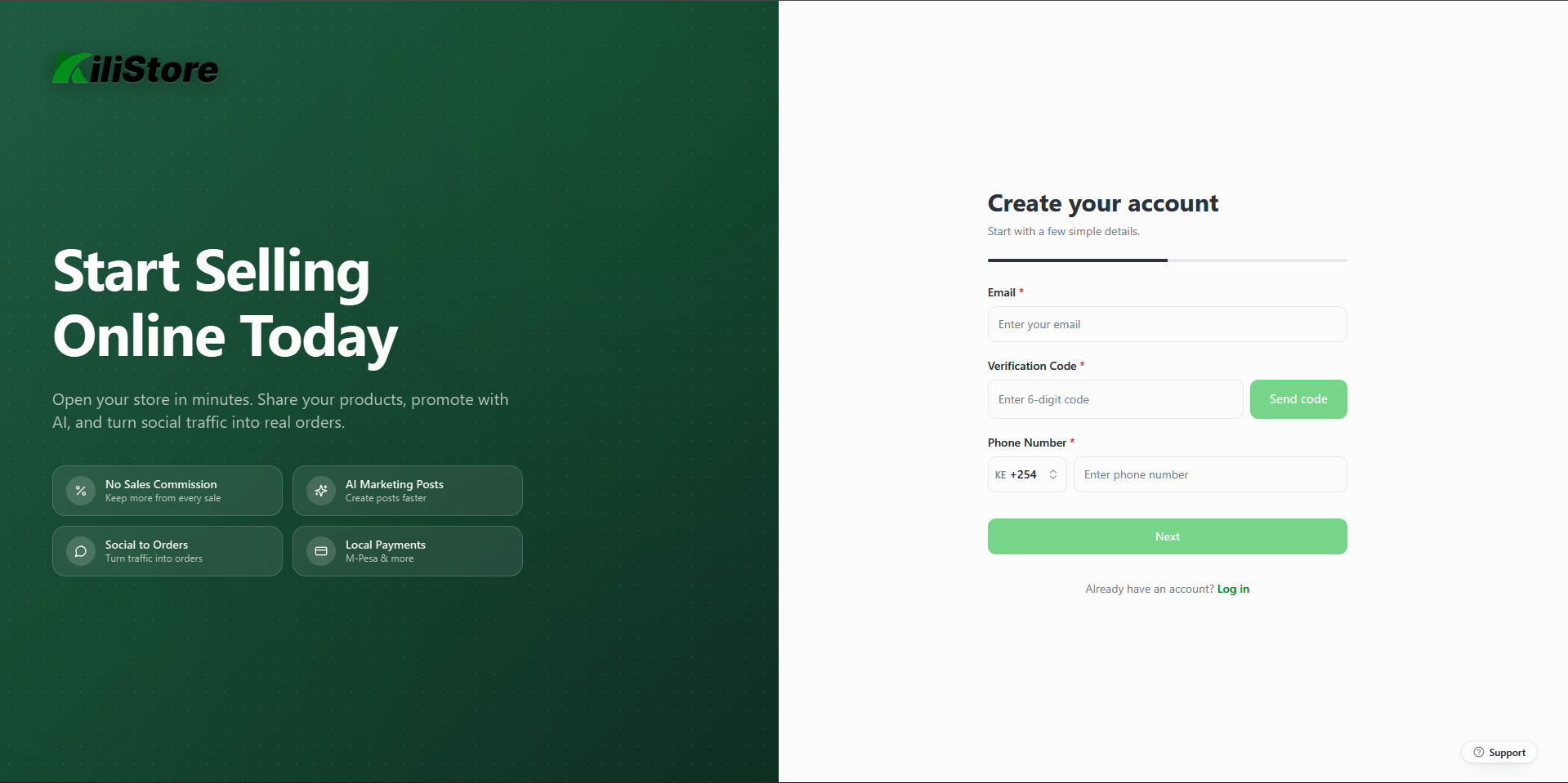 KiliStore registration screen